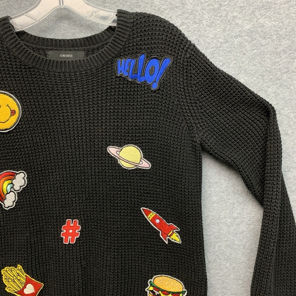 Forever 21‎ Novelty Sweater Size S Black Whimsigoth Indie Cotton Kidcore Rainbow - Picture 2 of 8